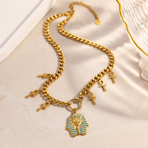 Collar chapado en oro de doble capa con busto de faraón y colgante Ankh, joyería de moda para viaje - Product Image 2