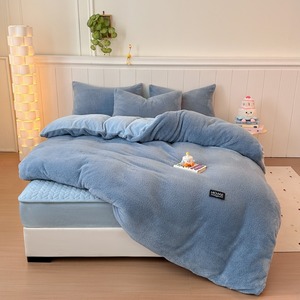Parure de lit 4 pièces en velours de lait polaire <span class=keywords><strong>demi</strong></span>-face avec drap-housse matelassé, gris froid uni, doux et chaud - Product Image 6