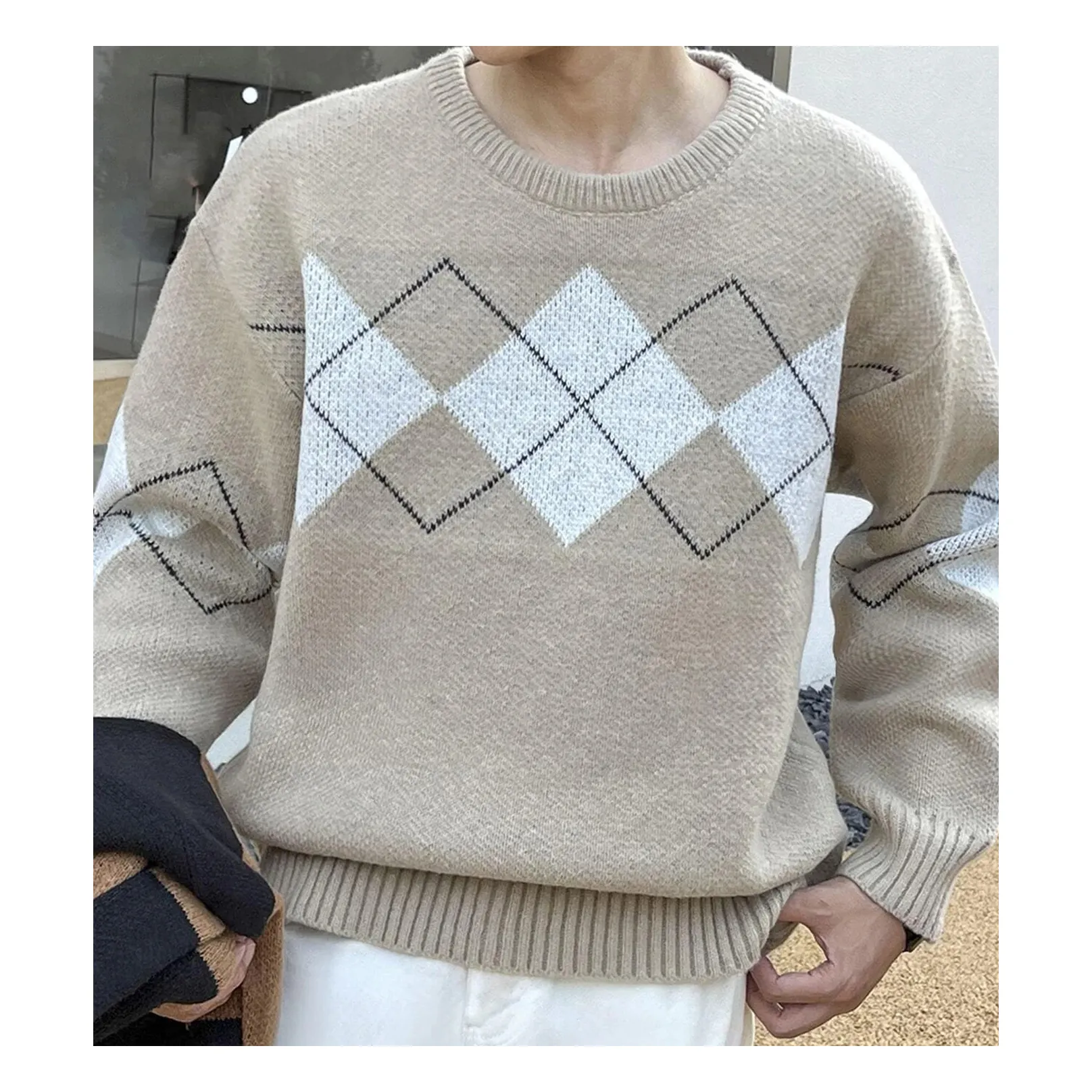 Geometric Pattern Argyle Pullovers Jumper Spring Autumn Loose O-Neck Knitted Sweaters Casual Plus Size Men's Sweaters