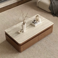 Table basse rectangulaire Wabi Sabi de style mid-century, plateau en pierre frittée travertin, bois massif, plusieurs tiroirs de rangement