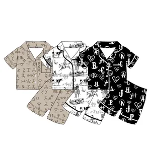 Customized OEM Western Style Letter Print Kids Children Silk Sleepwear for Baby Boys Short Sleeve Satin Boutique Pajamas