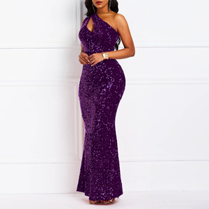 Robe de soirée à sequins de style européen et américain, à une épaule, couleur unie, dos nu, coupe sirène - Product Image 4