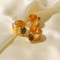MW Damenmode 18 Karat vergoldeter breiter Edelstahl ring mit Naturstein einlage-offenes und verstellbares Design