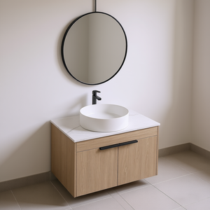 Bathroom Vanity 30 Inch Wall Mounted With <b>Mirror</b> Ceramic Basin Light Wood Finish Elegant Design - Product Image 2