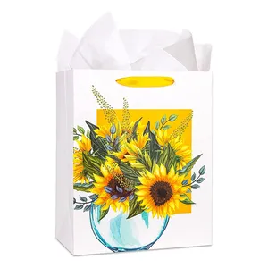 Paper Bag Sunflower Watercolor Flower and Vase Gift Bags Large Gift Bag for Birthdays Mothers Day Sunflower Party Supplies