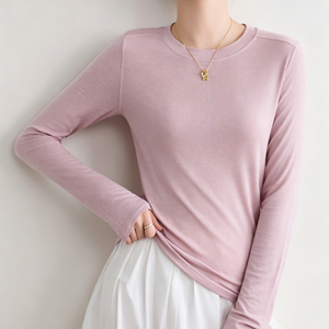 T-shirt coréen à manches longues pour <span class=keywords><strong>femme</strong></span>, col rond, coupe ajustée, en <span class=keywords><strong>laine</strong></span> respirante, anti-boulochage, avec logo, couleur unie, collection printemps - Product Image 2