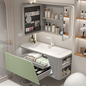 2025 thiết kế hiện đại sồi tủ phòng tắm tích hợp cho corian lưu vực Chậu rửa cao cấp tích hợp gốm bồn rửa kết hợp mới - Product Image 4