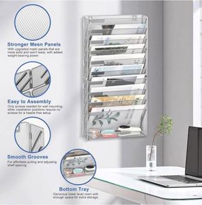 <b>Wall</b> File Holder 10 Tier Mesh Hanging Folder Organizer with Flat Tray <b>Wall</b> Mounted Mail Organizer Magazine Paper <b>Desk</b> Shelf - Product Image 3