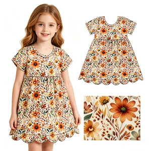 Robes Courtes Décontractées Personnalisées à Fleurs en Spandex pour Filles, Mignonnes, à Manches Courtes et Bordure Festonnée, Vêtements de Boutique pour Sœurs, Vente en Gros, Vêtements d'Usine - Product Image 1