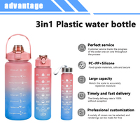 Bouteille d'eau motivante 3-en-1 en PP, PC et silicone de 900 ml avec paille, pour boire directement, idéale pour la gym, le fitness, les voyages et le camping