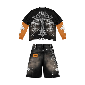 Ropa De Hombre Custom DTG Printed Cotton <strong>T</strong> <strong>Shirts</strong> Long Sleeve Rhinestone River and Tshirt Shorts Set Jeans Pants for Men - Product Image 2