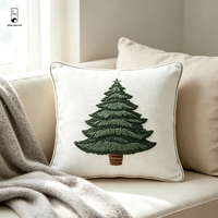 Coussin décoratif en lin et coton brodé avec motif sapin de Noël et bordure passepoilée, décoration de Noël pour la maison de style campagnard