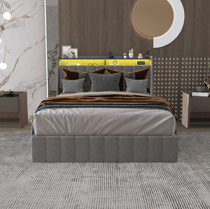Full Size <b>Bed</b> Frame with <b>LED</b>, 4 Under-<b>bed</b> Portable Storage Drawers, Wings Headboard Design, Light Grey - Product Image 1