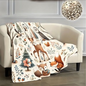 Cute Forest Animal Print Plush Flannel Fleece Throw <b>Blanket</b> Rectangular Pastoral Style Eco-Friendly Home Decor Autumn Season - Product Image 3