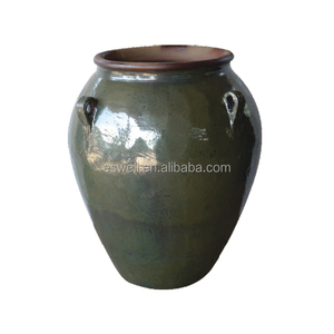 Pot de fleurs vintage en céramique émaillée avec doubles poignées latérales, grand et haut, pour aménagement paysager - Product Image 1