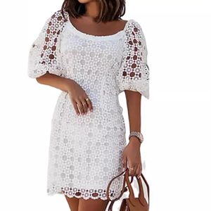 Elegant Women's <b>Lace</b> Round Neck <b>White</b> Midi Dress Natural Waist Breathable Daily Casual Dress - Product Image 5