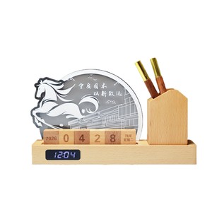 Deep Mountain Bamboo Wooden Perpetual Calendar Clock Pen Holder Desktop Ornament Office Gift - Product Image 5