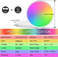 Plafonnier LED intelligent moderne 24W noir, garantie 1 an, 100-240Vac, éclairage domestique