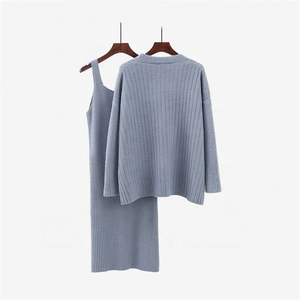 Custom Women's Knitted Square Collar Slip <strong>Dress</strong> 2 Pieces Set <strong>With</strong> <strong>Long</strong> Sleeve <strong>Cardigan</strong> Coat Knit Sweater <strong>Dress</strong> Set - Product Image 2