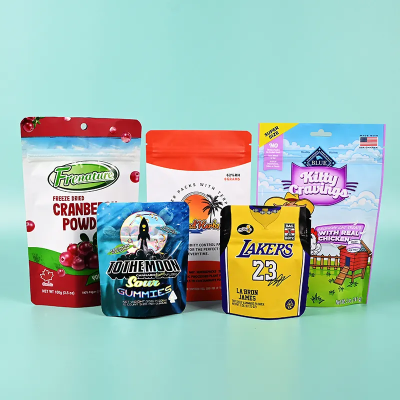 Multi color printed stand up snack food packaging custom reusable ziplock mylar bags