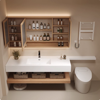 Kabinet Kamar Mandi LED Modern dengan Cermin, Desain Khusus, Dilengkapi Wastafel Porselen Dua Lapis Batu Sinter, Tahan Air, dan Berdiri di Lantai