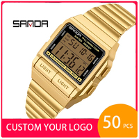 Montres numériques en gros SANDA 2007 avec logo personnalisé OEM, acier inoxydable, étanches, chronomètre, montre-bracelet rétro classique pour hommes, Reloj