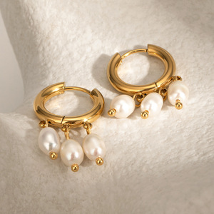 18k Gold Stainless Steel Hoop Earrings With Three White Freshwater Pearls Everyday Wear - Product Image 3
