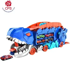 2 In 1 Dinosaurus Opslagwagen Diecast Speelgoed Slikken Metalen Auto Transformeert In Stampende T-Rex Met Glijdende Auto Racebaan