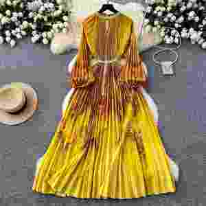 Vestido Maxi Plisado con Cuello Redondo para Mujer, Ecológico, Tejido, Drapeado, con Manga Linterna, Estampado, con Cuentas y Encaje Calado - Product Image 3