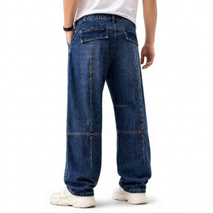 Jean décontracté pour homme en denim délavé foncé, coupe ample à jambe large, taille mi-haute, couleur unie, tissé 100% coton, écologique, hiver - Product Image 1