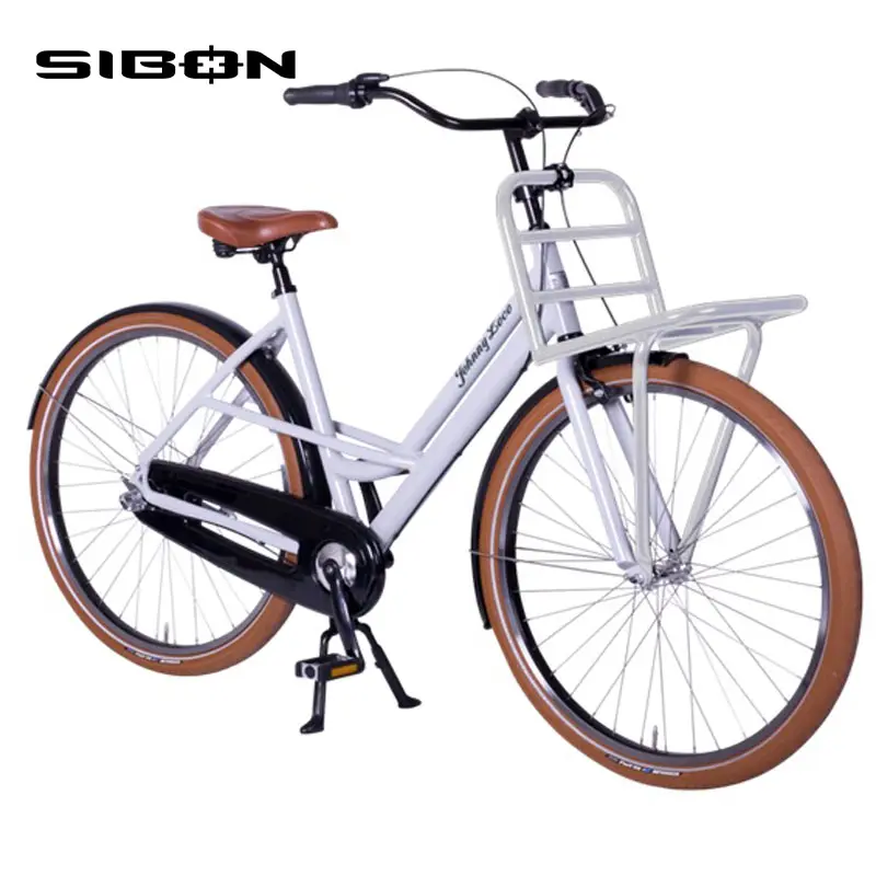 SIBON B0250127 26 인치 화이트 자전거 네덜란드 빈티지 스타일 자전거 단일 속도 남자 전면 맥주 캐리어 빛