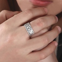 Bague ouverte unisexe large style punk, lotus noirci avec gravure du Sutra du Cœur, vintage, Pêches et Pixiu, vente en gros