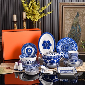 Hot Selling Europe Palace Royal Nordic Home Decoration Blue Luxury 32pcs Bone China On-glazed <b>Dinnerware</b> <b>Set</b> Cup Kit Plant - Product Image 1