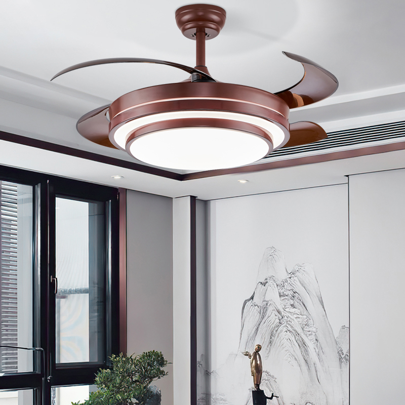 High Quality Midcentury Bedroom Dining Room 36W Led Ceiling Fan Retractable Blades Remote Control Copper Motor Light Fan Lamp