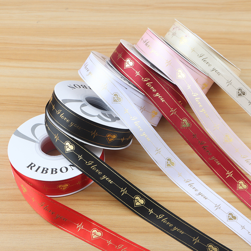 New Printing Hot Gold Polyester Ribbon ILOVEYOU Ribbon Flower Gift Box Packaging Flower Gift Decorative Ribbon