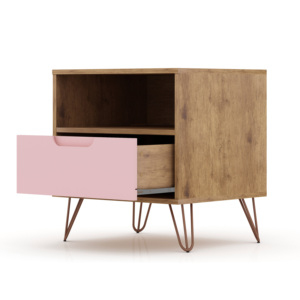 Mesita de noche rosa con marco de madera y patas de metal para almacenamiento en el dormitorio - Product Image 4