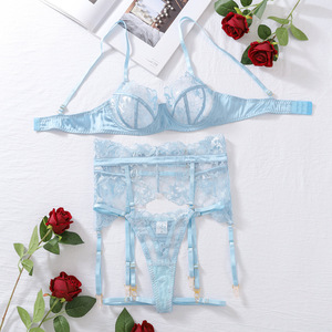 Hot Selling Cross-Border European and American Lace Embroidery Lingerie Sexy <b>Perspective</b> Gathering Slim Fit Four Piece Set - Product Image 6