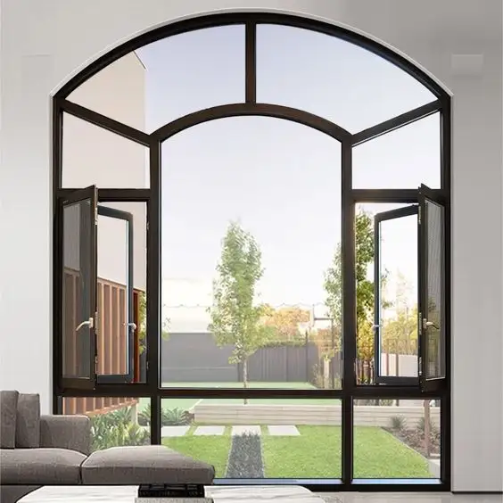 aluminium with mosquito net french bifold exterior modern house glass large arched casement windows