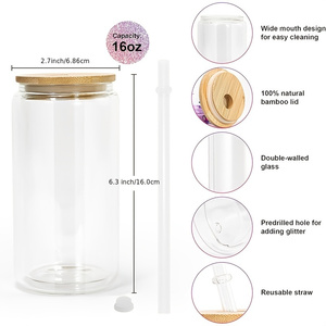 Vasos de vidrio reutilizables de doble pared con aislamiento térmico de 16oz y 20oz para sublimación DIY, con tapas de bambú y pajitas preperforadas, de EE. UU. - Product Image 2