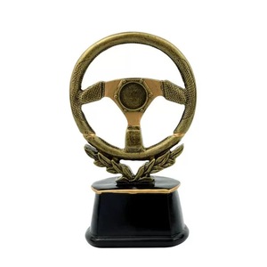 Custom Antique Gold Racing Steering Wheel Resin Trophy With Logo - Perfect Award for Car Shows and Competitions