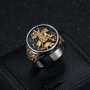 Saint George Dragon Slayer Knight <b>Ring</b> Titanium Steel Two-tone Gold Men's Fashion Jewelry Gift - Product Image 1