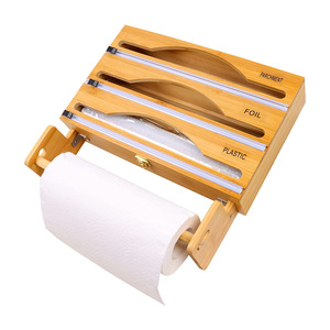 <b>Kitchen</b> <b>Storage</b> <b>Box</b> With Paper Towel Holder 4 In 1 Cling Film Divider Wall Mounted Bamboo Roll Organizer - Product Image 1