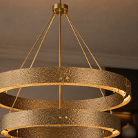 Lustre moderne en laiton massif à 2 niveaux, surface texturée, luminaires suspendus circulaires, luminaire suspendu pour salon, villa, hall d'entrée