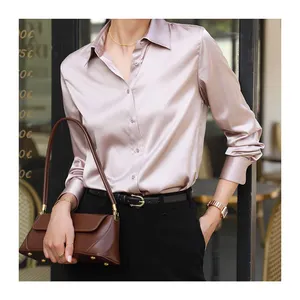 Blusa de seda Lisa transpirable para mujer, blusa de satén de manga larga con cuello de pico para oficina, color blanco