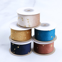 Pita Beludru Hot Stamping Bintang Emas, Pita Flanel Berkilau Glitter untuk DIY, Pembungkus Kado, Dekorasi Natal, Bunga, dan Pernikahan