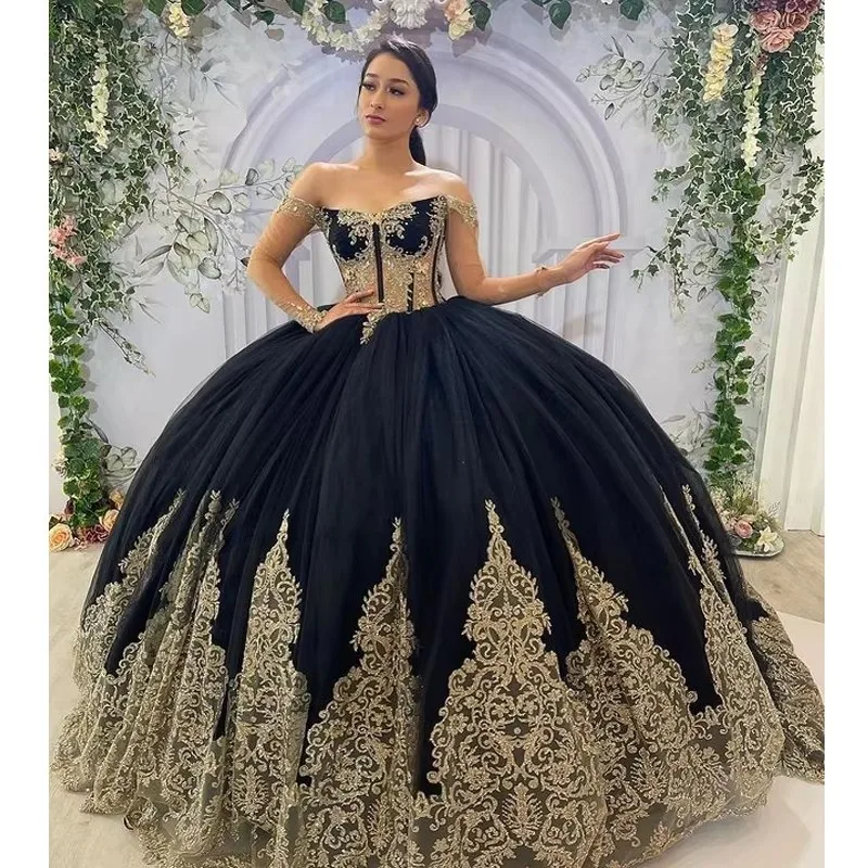 open lace back dress Sweetheart Ball Gown Black Puffy Silver Beaded Prom Dresses main image 0