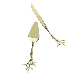Juego de cuchillo y espátula para pastel de acero inoxidable dorado con mango en forma de rama, 2 piezas, elegante cubertería para postres para bodas y fiestas - Product Image 1