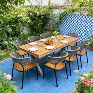 Set da Pranzo da Esterno in Stile Nordico, Tavolo Rettangolare in Legno di Teak, Sedie in Corda Intrecciata con Telaio in Alluminio per Giardino e Cortile - Product Image 3