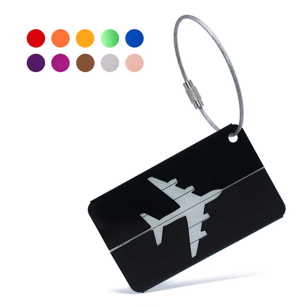 Etiqueta de equipaje para regalos promocionales, accesorios de viaje, etiqueta de nombre de identificación de maleta, etiqueta de equipaje de aleación de aluminio anodizado con alambre de acero metálico