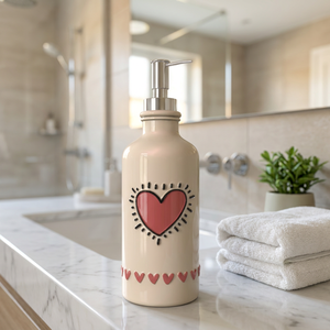 Dispenser di Sapone Liquido in Ceramica Moderno Completamente Personalizzabile, con Motivo a Cuore Testurizzato, Accessorio Bagno di Lusso Ecologico - Product Image 1
